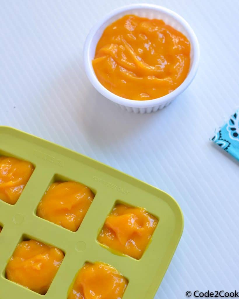 mango puree shown in a ramekin & in ice tray