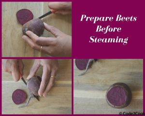 Trimming beets from both sides on a wooden board.