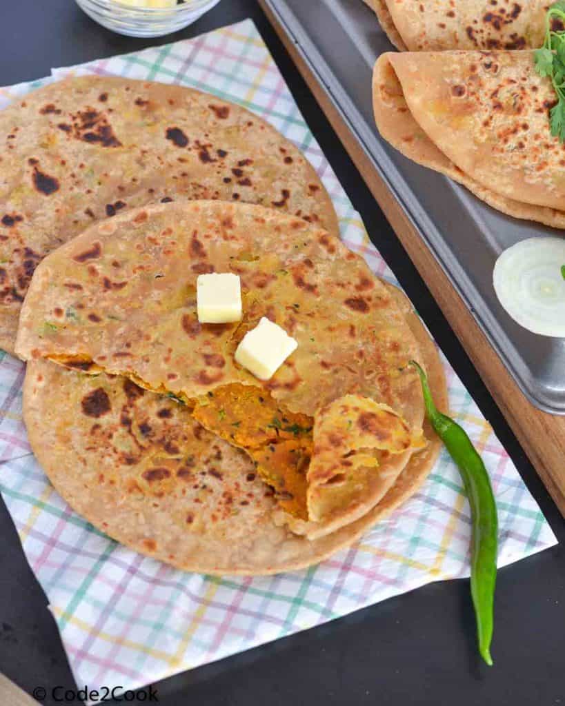 A overhead shot of achari masala paratha