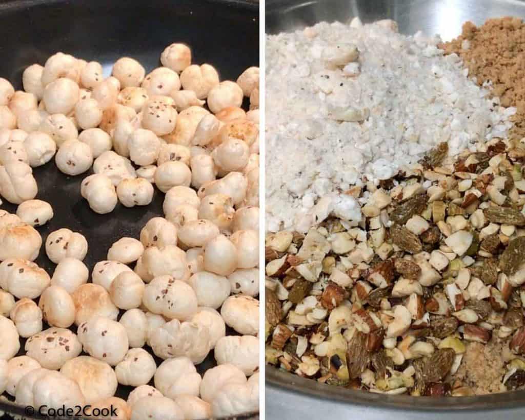 lotus seeds are roasted, coarsely ground and added in mixture.